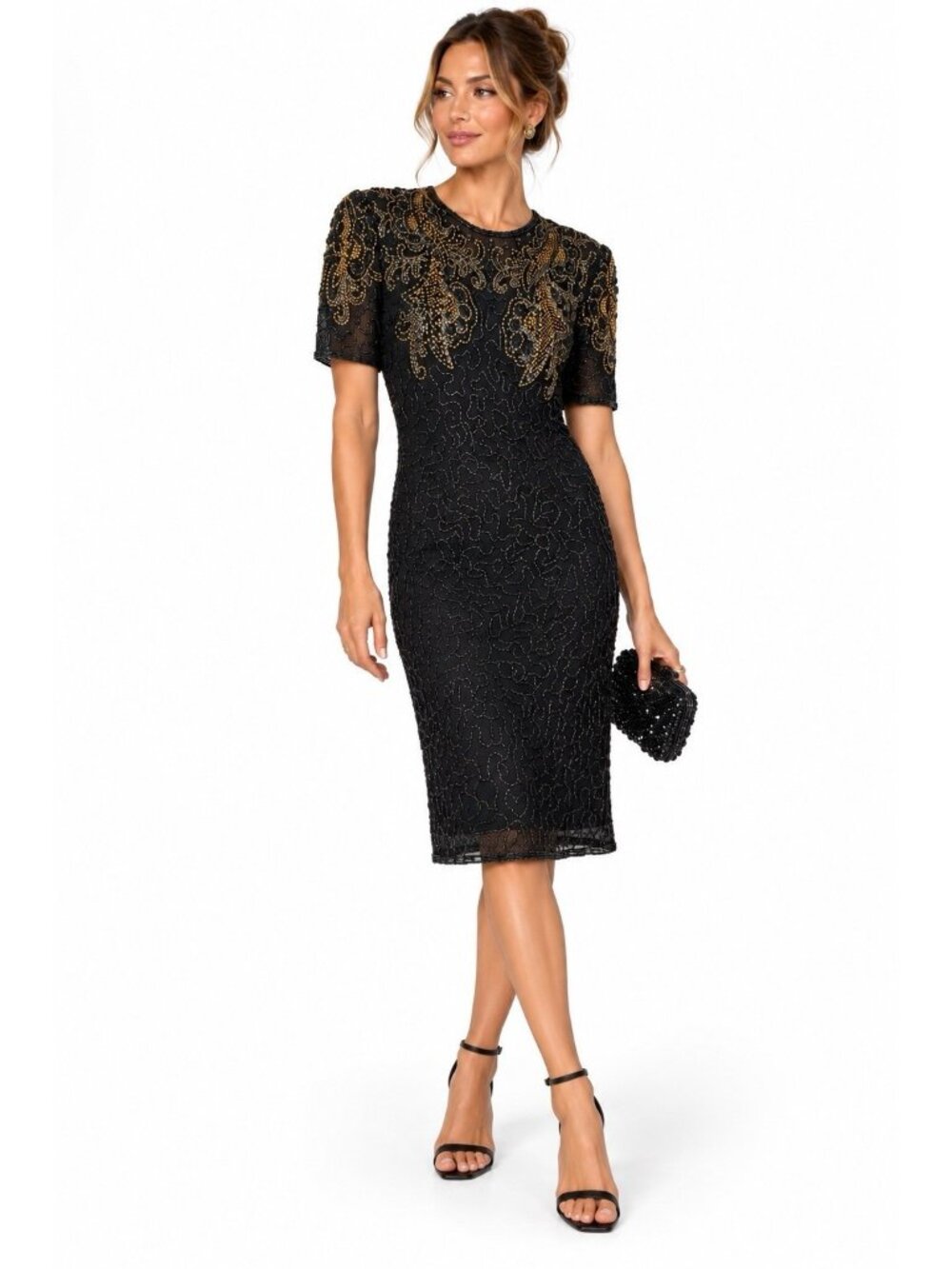 vintage 90s BEADED COCKTAIL DRESS black gold MEDIUM art deco formal party